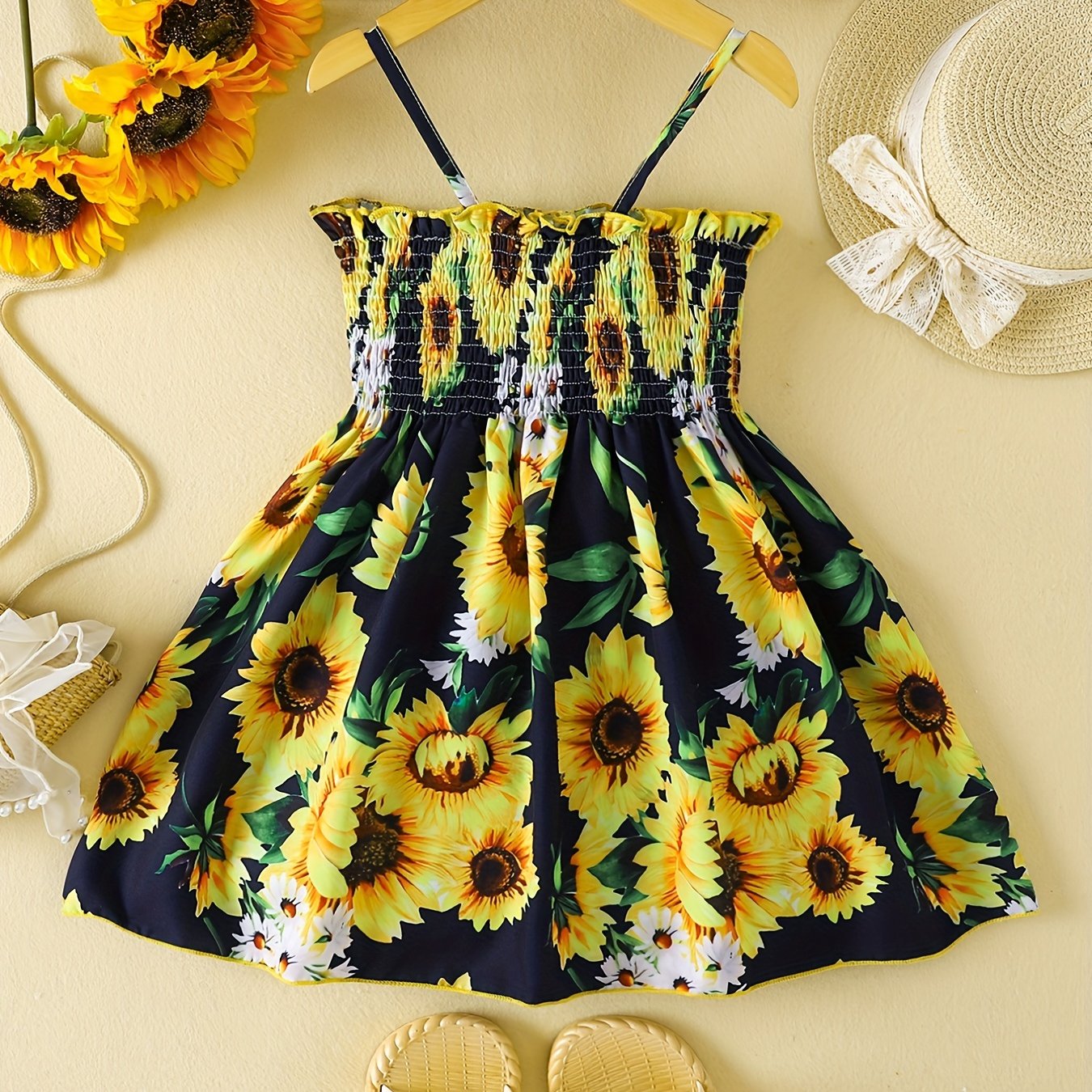 ' Sleeveless A-Line Dress with Smock Bodice & Short - Summer Sunflower Print Smock Dress, Machine Washable Lightweight Playwear to (No, Easy-Care Flower Pattern Outfit)