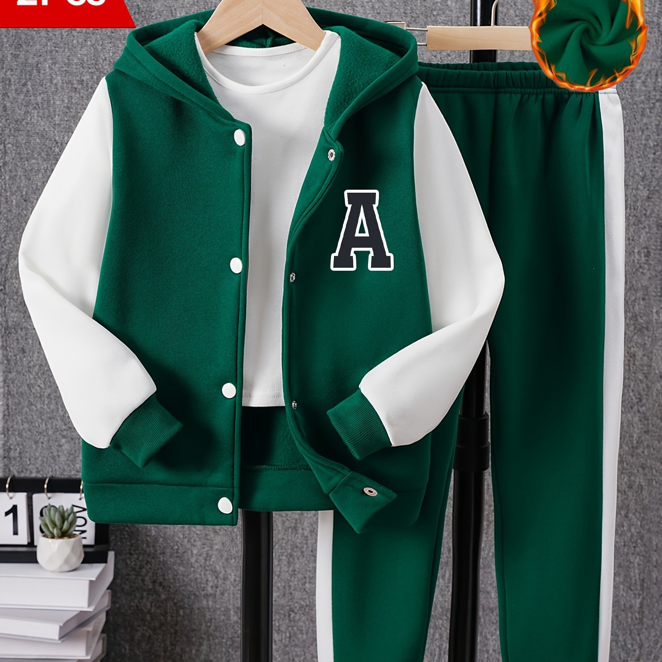 2pcs Boys Color Block Long Sleeve Drop Shoulder Varsity Hooded Baseball Jacket & Casual Pants Outfit for Spring Fall Outdoor Wear, Loose Fit Kids Clothing