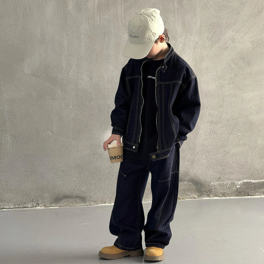 D514 New Spring Autumn Boys' Denim Outfit - Fashionable Cool and Stylish Jacket Set for Big & Middle Kids