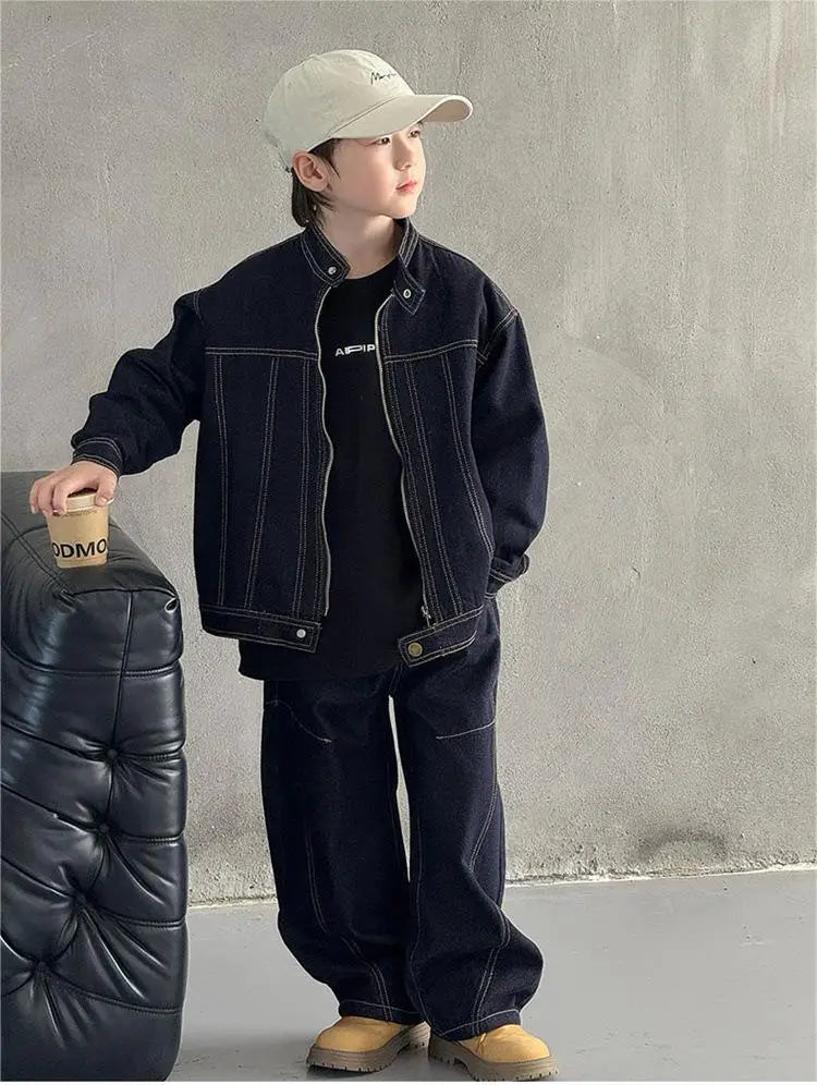 D514 New Spring Autumn Boys' Denim Outfit - Fashionable Cool and Stylish Jacket Set for Big & Middle Kids