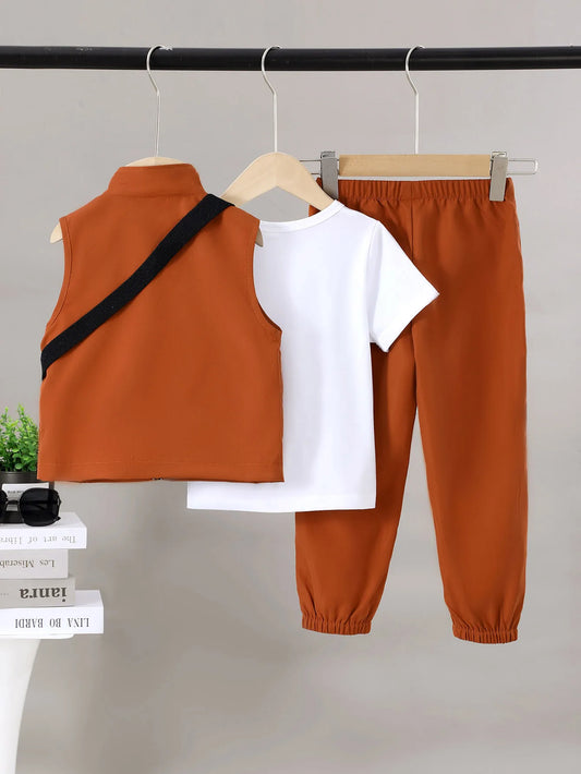 Catpapa Local Warehouse Summer 4pcs High Quality Cotton Canvas Clothing Set for Boys Solid Little Kids Set
