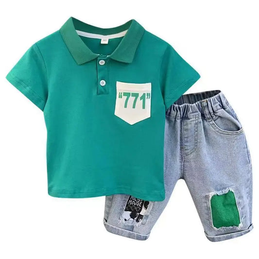 New Boys' Summer Polo Shirt Suit Fashionable Korean Fan Cool Short-sleeved Casual Clothes for Kids Trendy Plaid Pattern