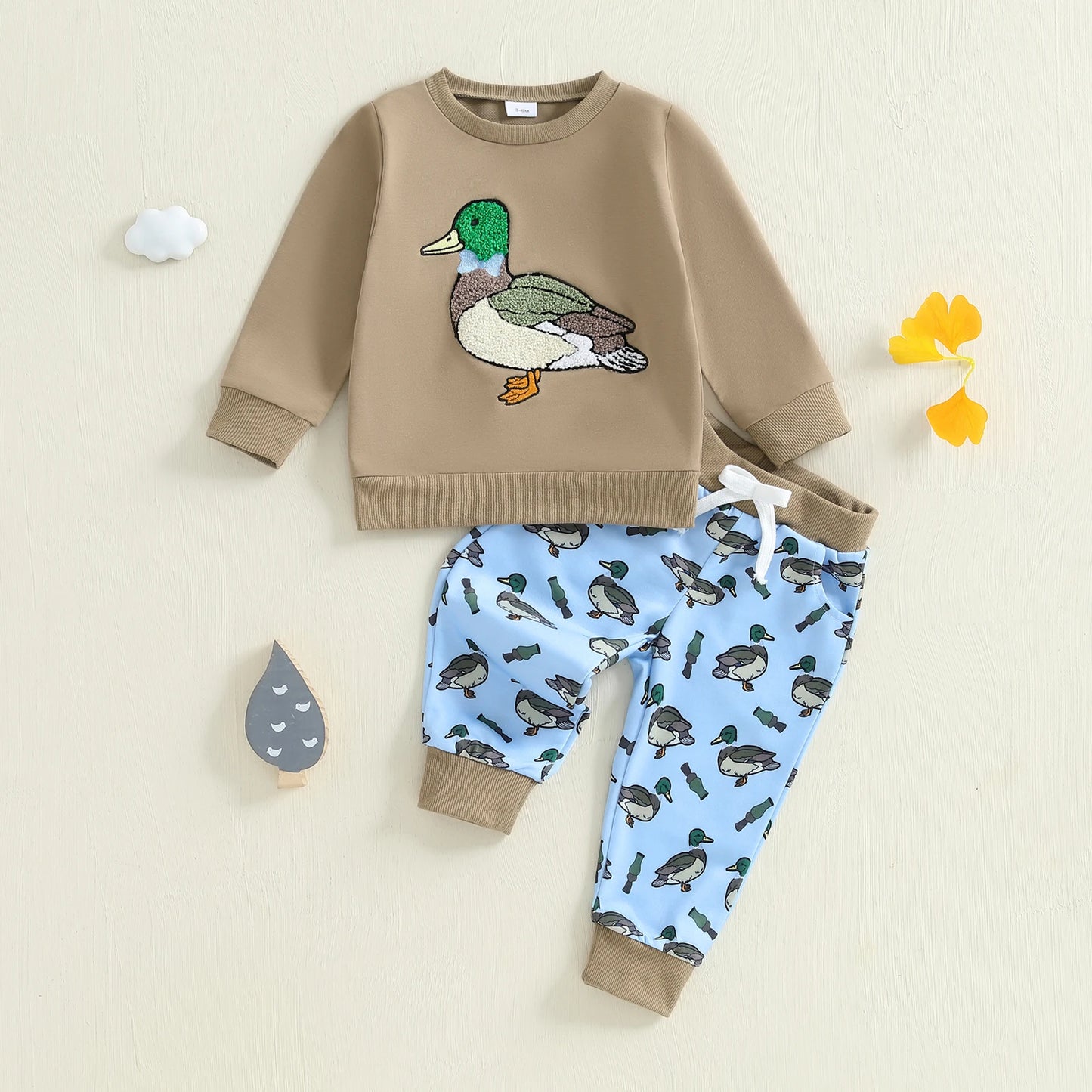FOCUSNORM 0-3Y Infant Baby Boys Western Clothes Set Long Sleeve Crew Neck Duck Embroidery Sweatshirt with Print Pants