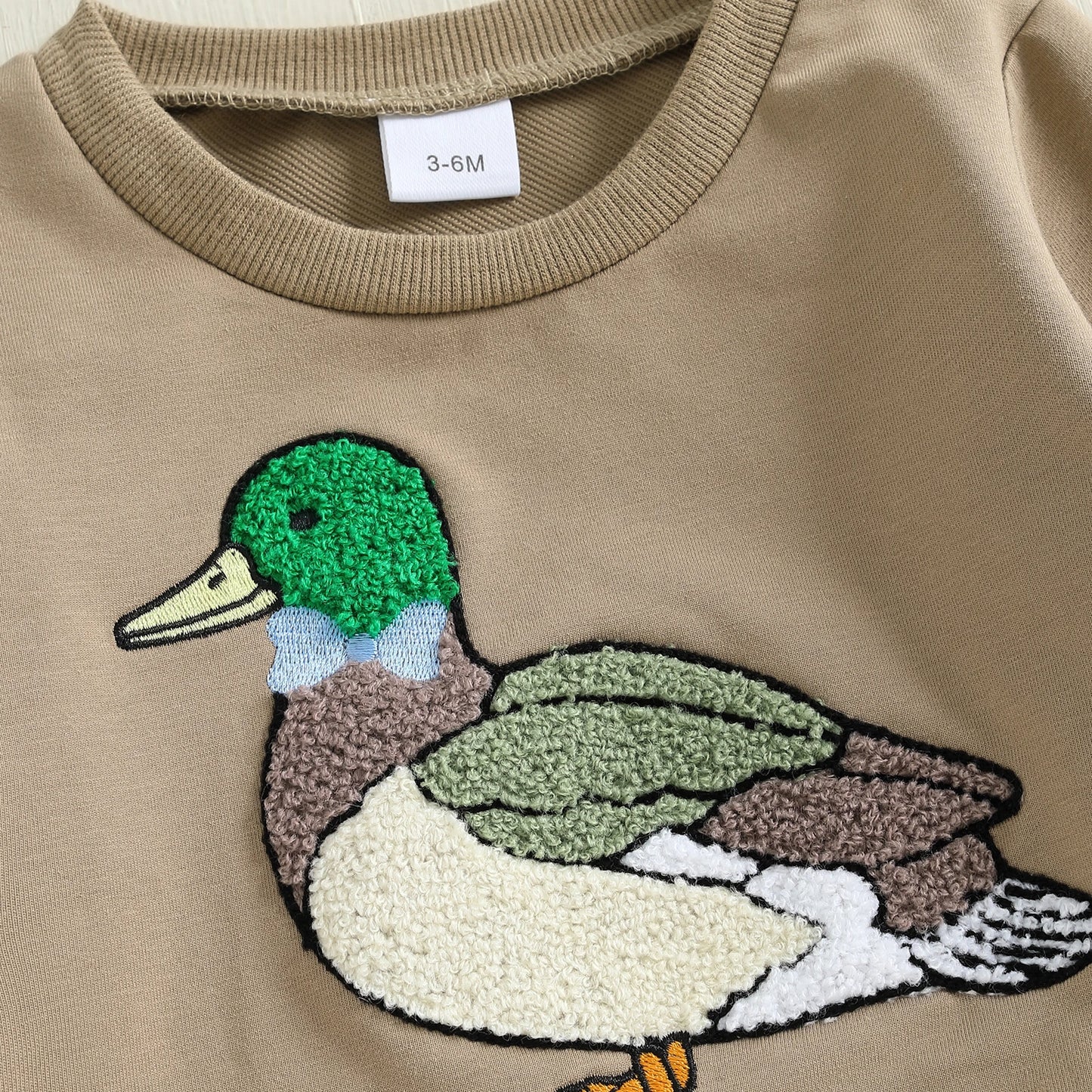 FOCUSNORM 0-3Y Infant Baby Boys Western Clothes Set Long Sleeve Crew Neck Duck Embroidery Sweatshirt with Print Pants