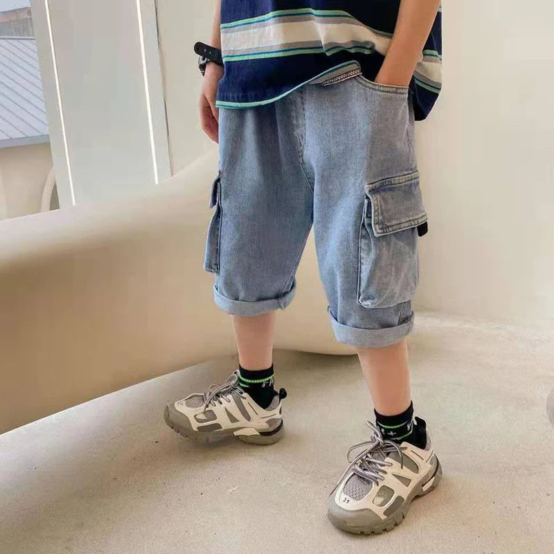 IENENS Summer Kids Shorts Young Boys loose Denim Pants Children Straight Washed Jeans Shorts Fit 12-13 Years
