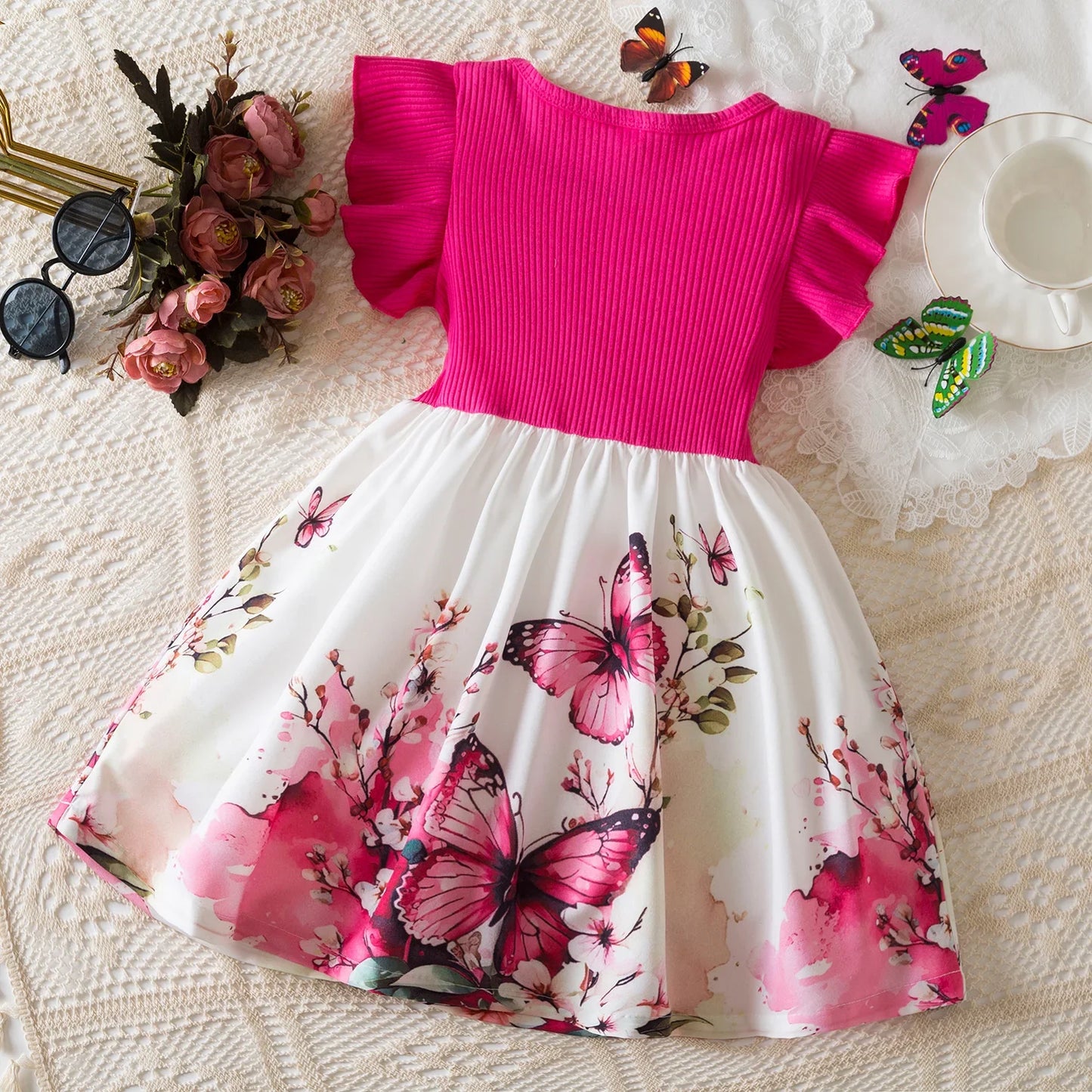 New Children's Dress for 3-8 Yrs Summer Dress Lotus Leaf Edge Design Bow Lace Up Star Sequin Sweet Tulle Kids Dresses for Girls