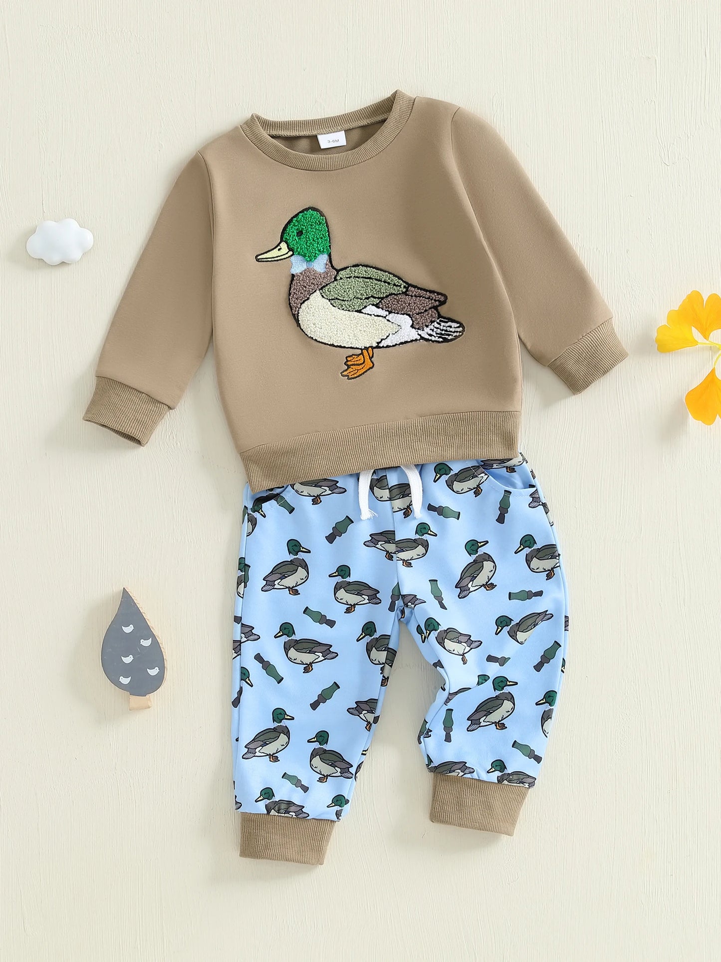 FOCUSNORM 0-3Y Infant Baby Boys Western Clothes Set Long Sleeve Crew Neck Duck Embroidery Sweatshirt with Print Pants