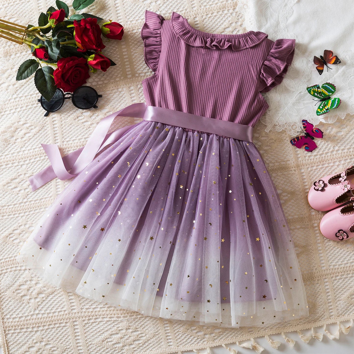 New Children's Dress for 3-8 Yrs Summer Dress Lotus Leaf Edge Design Bow Lace Up Star Sequin Sweet Tulle Kids Dresses for Girls