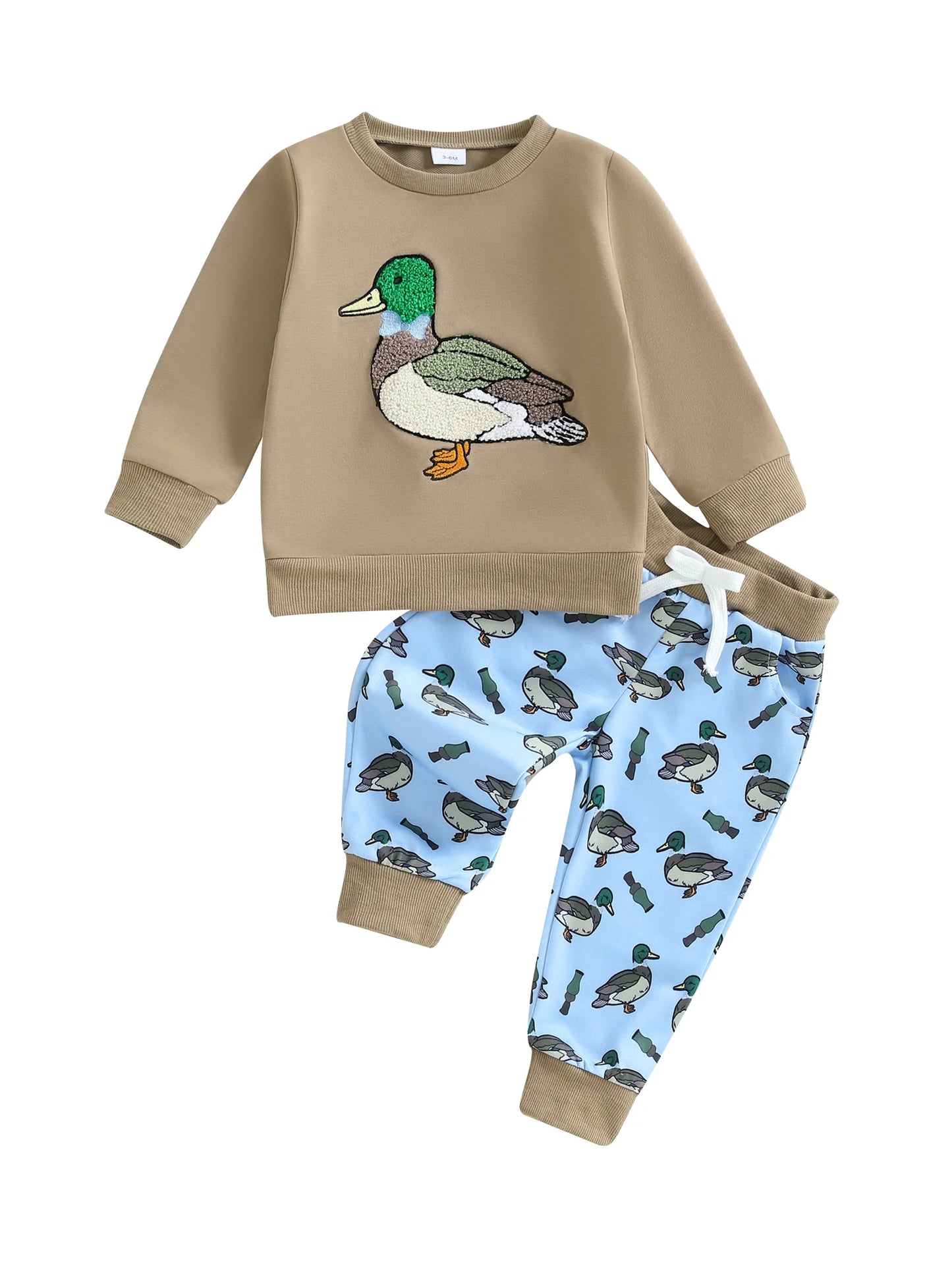 FOCUSNORM 0-3Y Infant Baby Boys Western Clothes Set Long Sleeve Crew Neck Duck Embroidery Sweatshirt with Print Pants