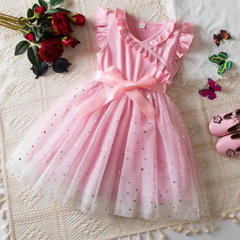 New Children's Dress for 3-8 Yrs Summer Dress Lotus Leaf Edge Design Bow Lace Up Star Sequin Sweet Tulle Kids Dresses for Girls