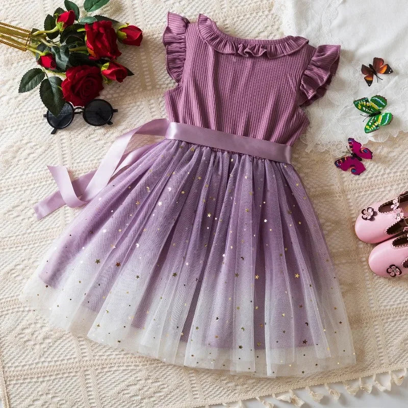New Children's Dress for 3-8 Yrs Summer Dress Lotus Leaf Edge Design Bow Lace Up Star Sequin Sweet Tulle Kids Dresses for Girls