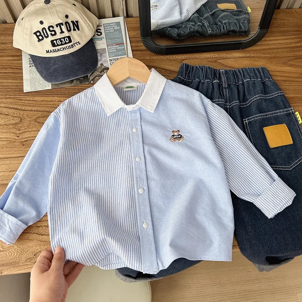 2025 Autumn Boys Cute Embroidery Bear Long Sleeve Stripe Cotton Blouse 100-150cm