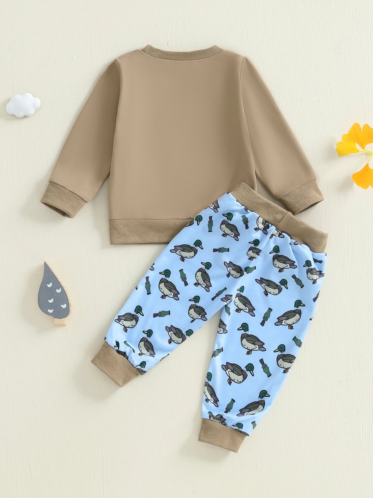 FOCUSNORM 0-3Y Infant Baby Boys Western Clothes Set Long Sleeve Crew Neck Duck Embroidery Sweatshirt with Print Pants