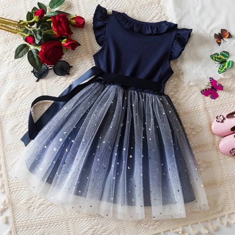 New Children's Dress for 3-8 Yrs Summer Dress Lotus Leaf Edge Design Bow Lace Up Star Sequin Sweet Tulle Kids Dresses for Girls