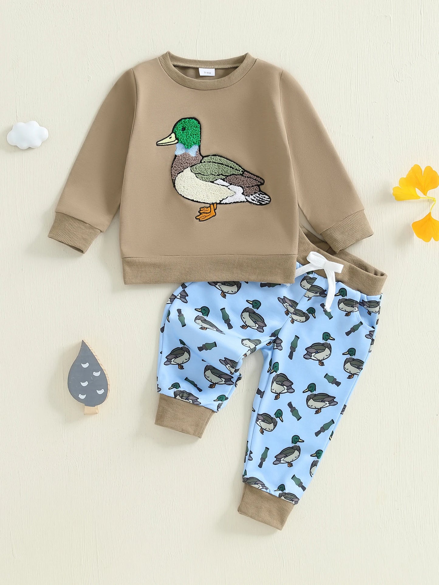 FOCUSNORM 0-3Y Infant Baby Boys Western Clothes Set Long Sleeve Crew Neck Duck Embroidery Sweatshirt with Print Pants