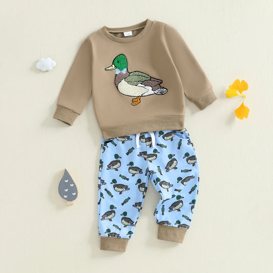 FOCUSNORM 0-3Y Infant Baby Boys Western Clothes Set Long Sleeve Crew Neck Duck Embroidery Sweatshirt with Print Pants