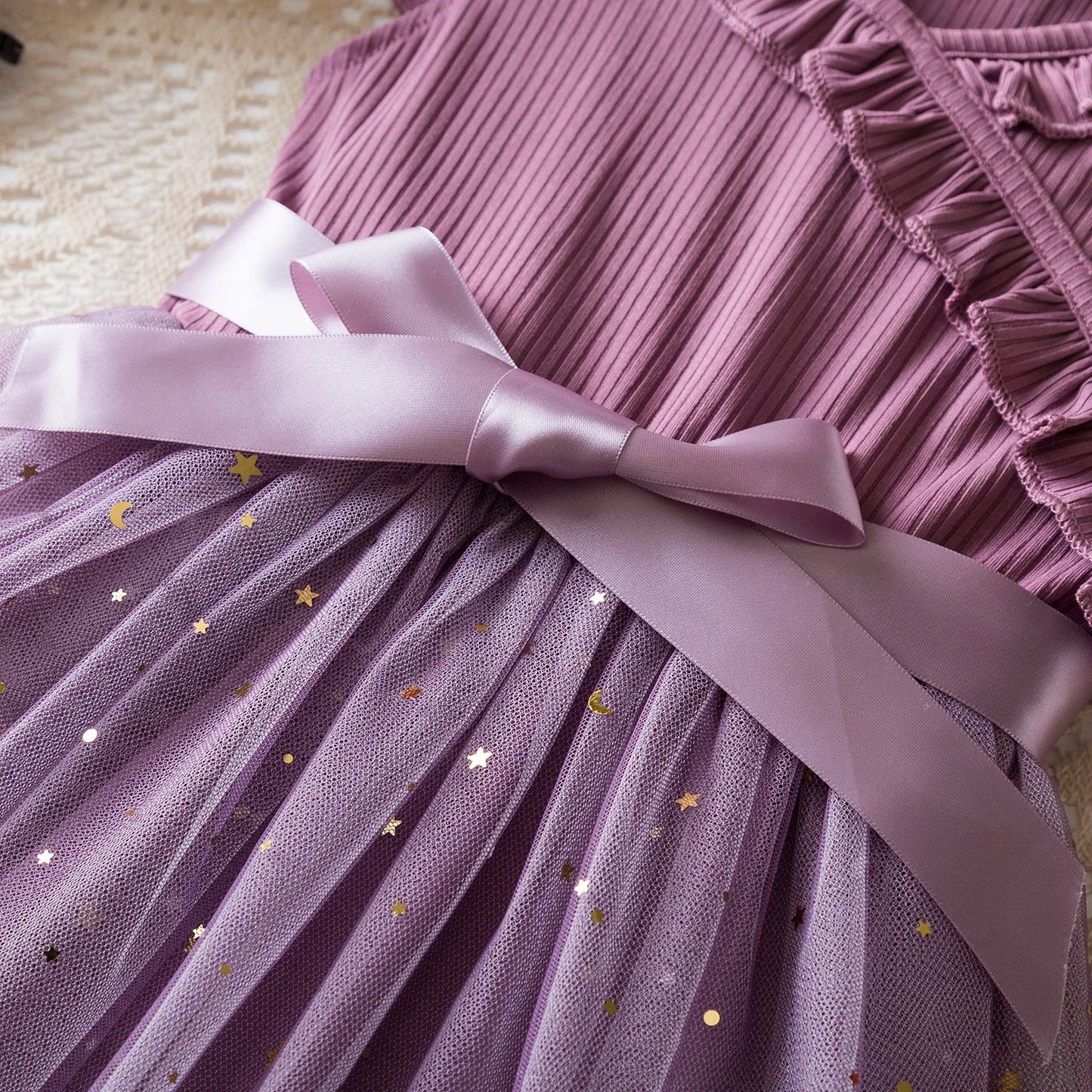 New Children's Dress for 3-8 Yrs Summer Dress Lotus Leaf Edge Design Bow Lace Up Star Sequin Sweet Tulle Kids Dresses for Girls