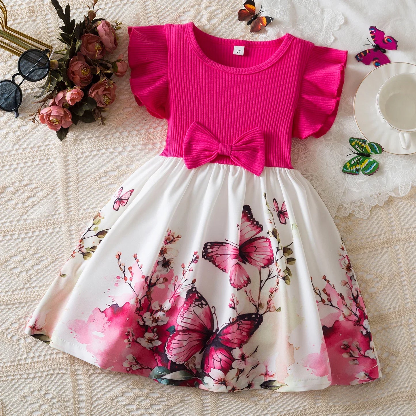 New Children's Dress for 3-8 Yrs Summer Dress Lotus Leaf Edge Design Bow Lace Up Star Sequin Sweet Tulle Kids Dresses for Girls