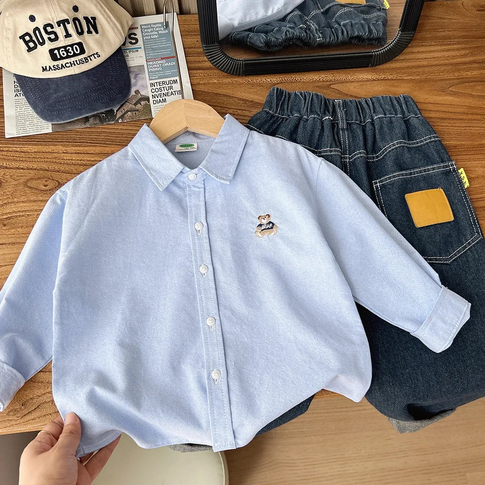 2025 Autumn Boys Cute Embroidery Bear Long Sleeve Stripe Cotton Blouse 100-150cm