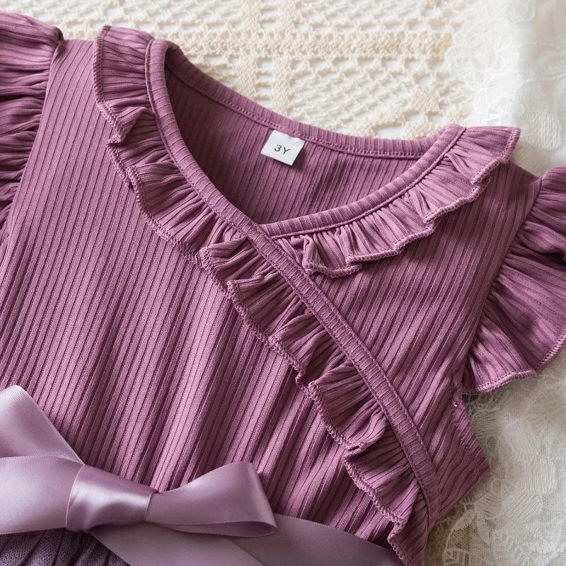 New Children's Dress for 3-8 Yrs Summer Dress Lotus Leaf Edge Design Bow Lace Up Star Sequin Sweet Tulle Kids Dresses for Girls