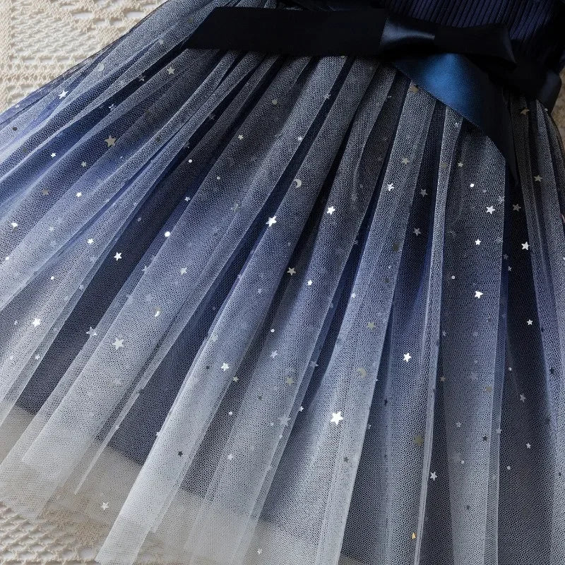 New Children's Dress for 3-8 Yrs Summer Dress Lotus Leaf Edge Design Bow Lace Up Star Sequin Sweet Tulle Kids Dresses for Girls