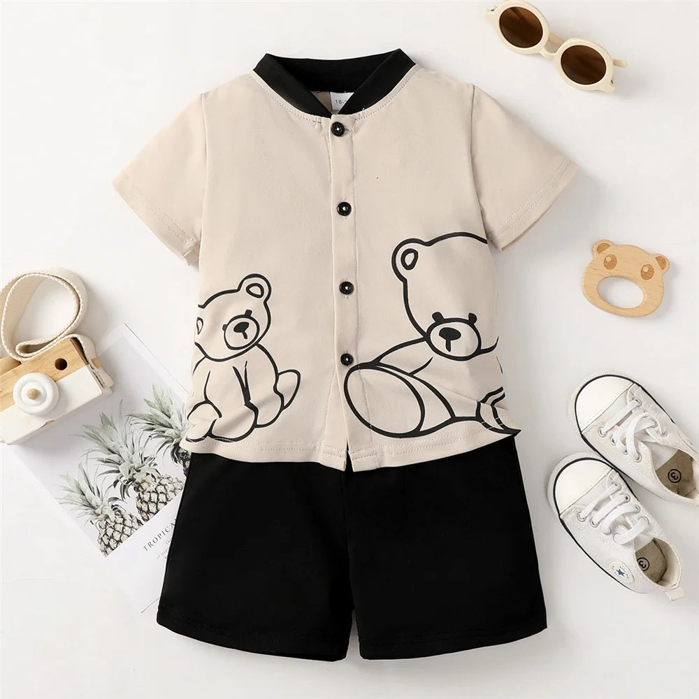 2PCS Child Boy Clothes Set Bear Print Button Style Short Sleeve Top+Shorts Fashion Birthday Party Outfit For Kid Boy 1-6 Years