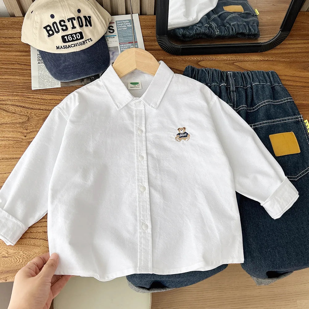 2025 Autumn Boys Cute Embroidery Bear Long Sleeve Stripe Cotton Blouse 100-150cm