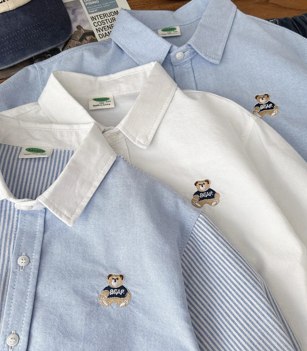 2025 Autumn Boys Cute Embroidery Bear Long Sleeve Stripe Cotton Blouse 100-150cm
