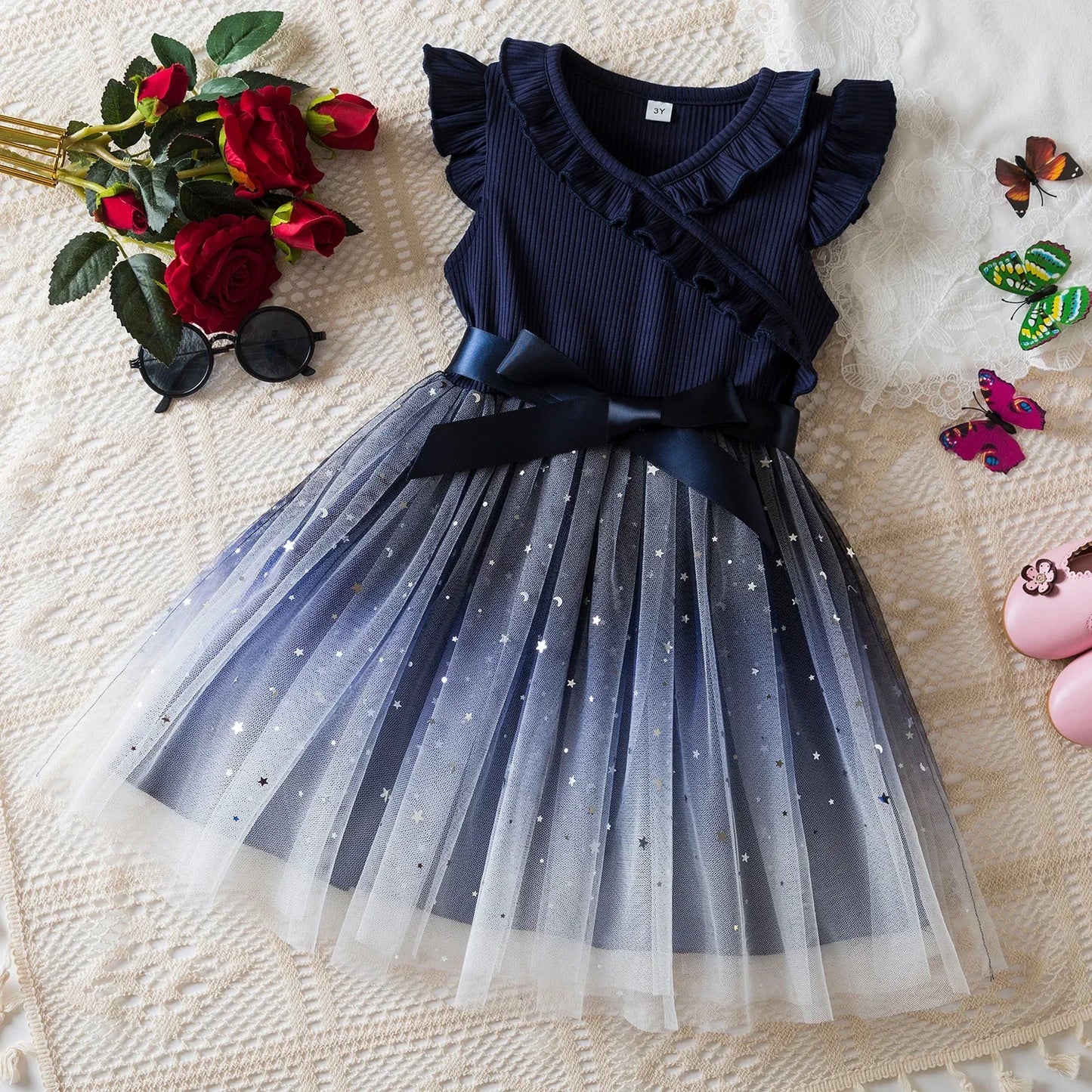 New Children's Dress for 3-8 Yrs Summer Dress Lotus Leaf Edge Design Bow Lace Up Star Sequin Sweet Tulle Kids Dresses for Girls