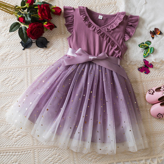 New Children's Dress for 3-8 Yrs Summer Dress Lotus Leaf Edge Design Bow Lace Up Star Sequin Sweet Tulle Kids Dresses for Girls