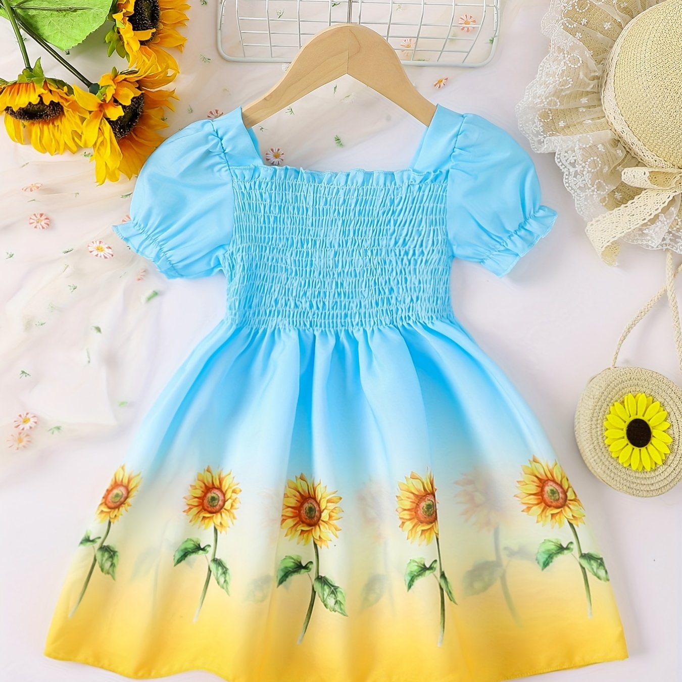 Girls Ombre Sunflower Puff Sleeve Princess Dress for Summer, 4th of July Outfit