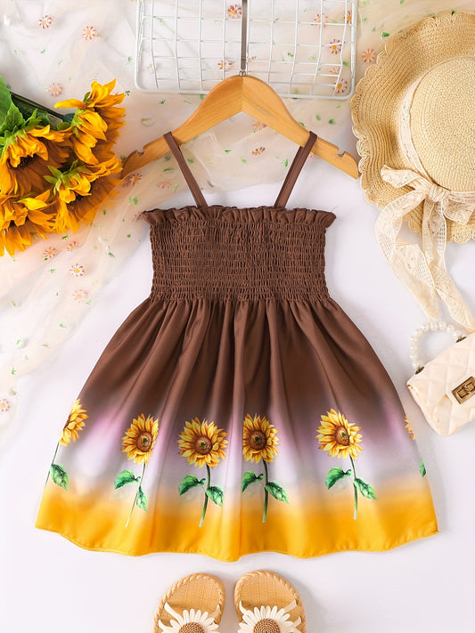 ' Sleeveless A-Line Dress with Smock Bodice & Short - Summer Sunflower Print Smock Dress, Machine Washable Lightweight Playwear to (No, Easy-Care Flower Pattern Outfit)