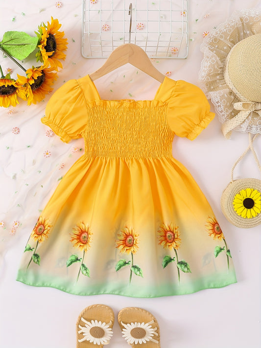 Girls Ombre Sunflower Puff Sleeve Princess Dress for Summer, 4th of July Outfit