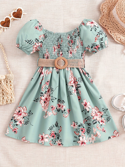 Floral Puff Sleeve Shirred Belted Princess Dress for Girls, Summer Party Beach Vacation Clothes