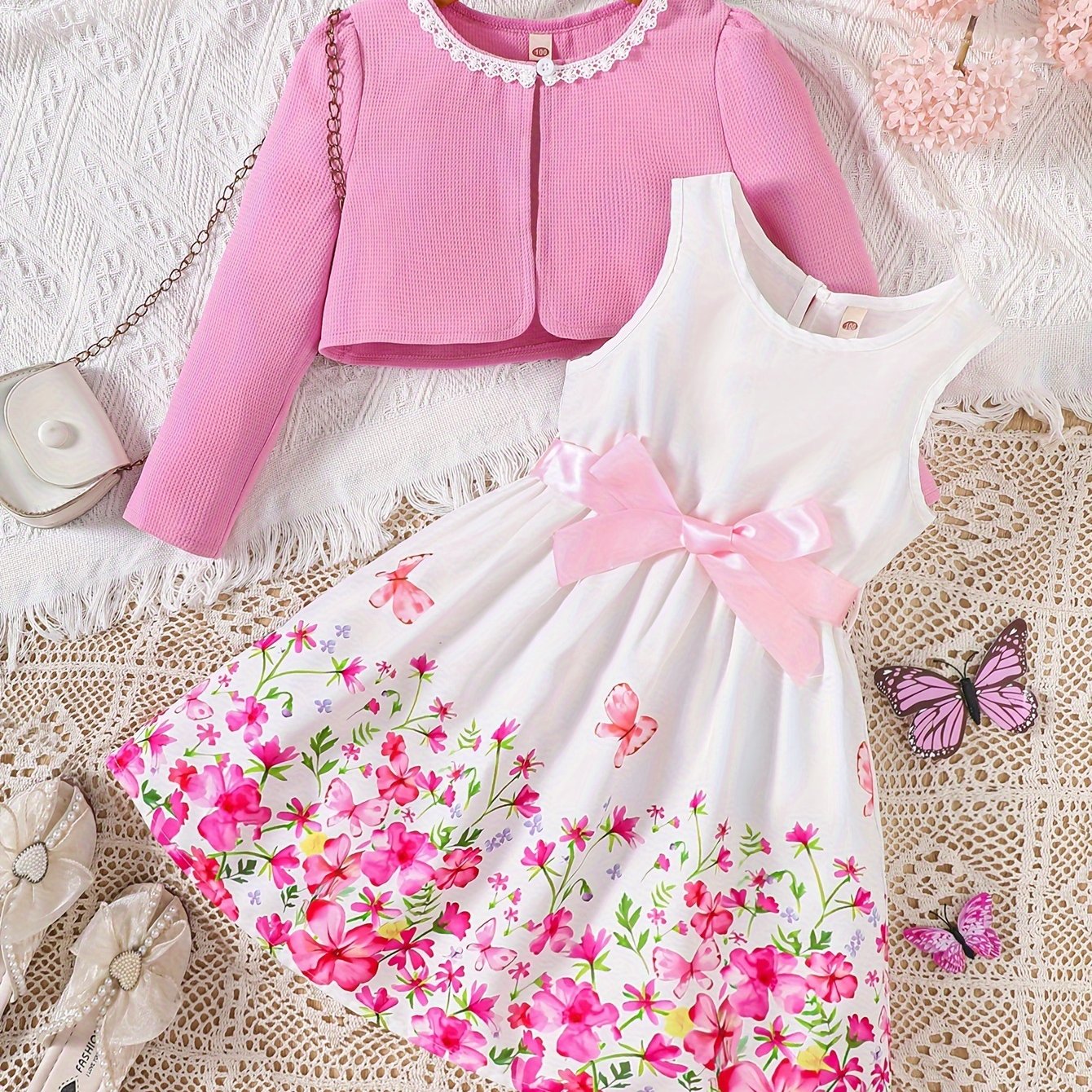 two-piece Sweet & Floral Girl's Two-Piece Summer Outfit: Long Sleeve Cardigan + Sundress Set