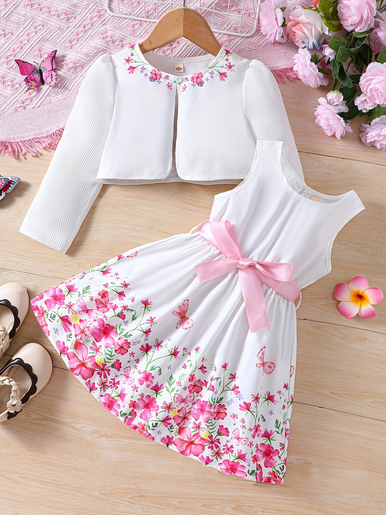 two-piece Sweet & Floral Girl's Two-Piece Summer Outfit: Long Sleeve Cardigan + Sundress Set