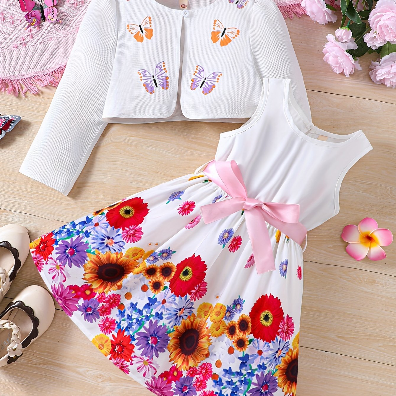 two-piece Sweet & Floral Girl's Two-Piece Summer Outfit: Long Sleeve Cardigan + Sundress Set