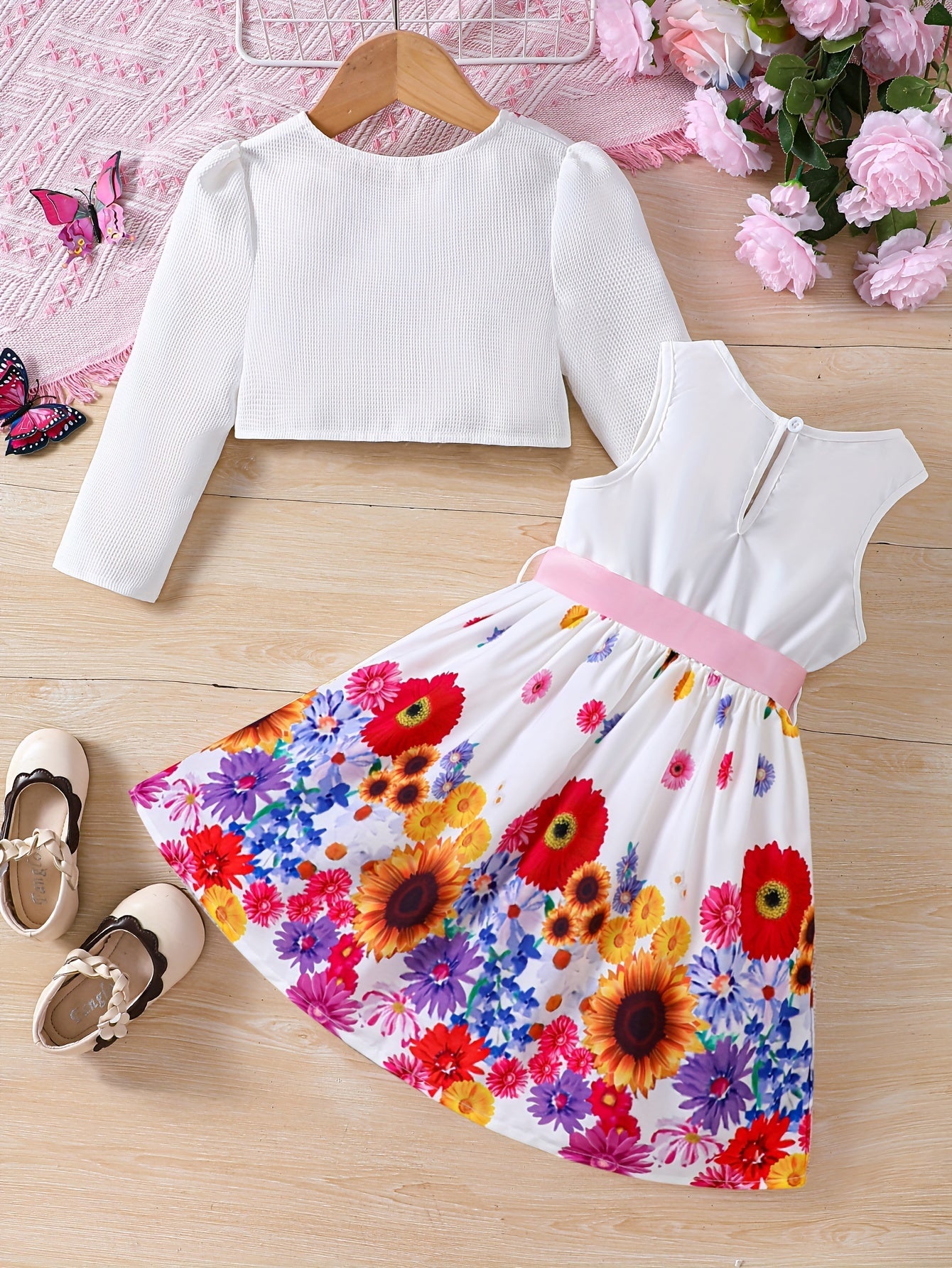 two-piece Sweet & Floral Girl's Two-Piece Summer Outfit: Long Sleeve Cardigan + Sundress Set
