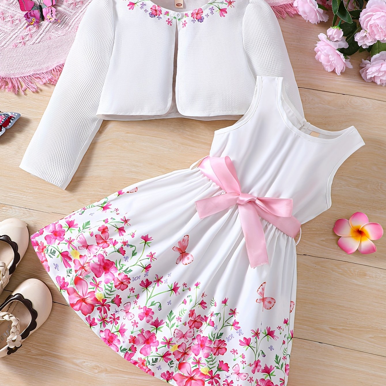 two-piece Sweet & Floral Girl's Two-Piece Summer Outfit: Long Sleeve Cardigan + Sundress Set