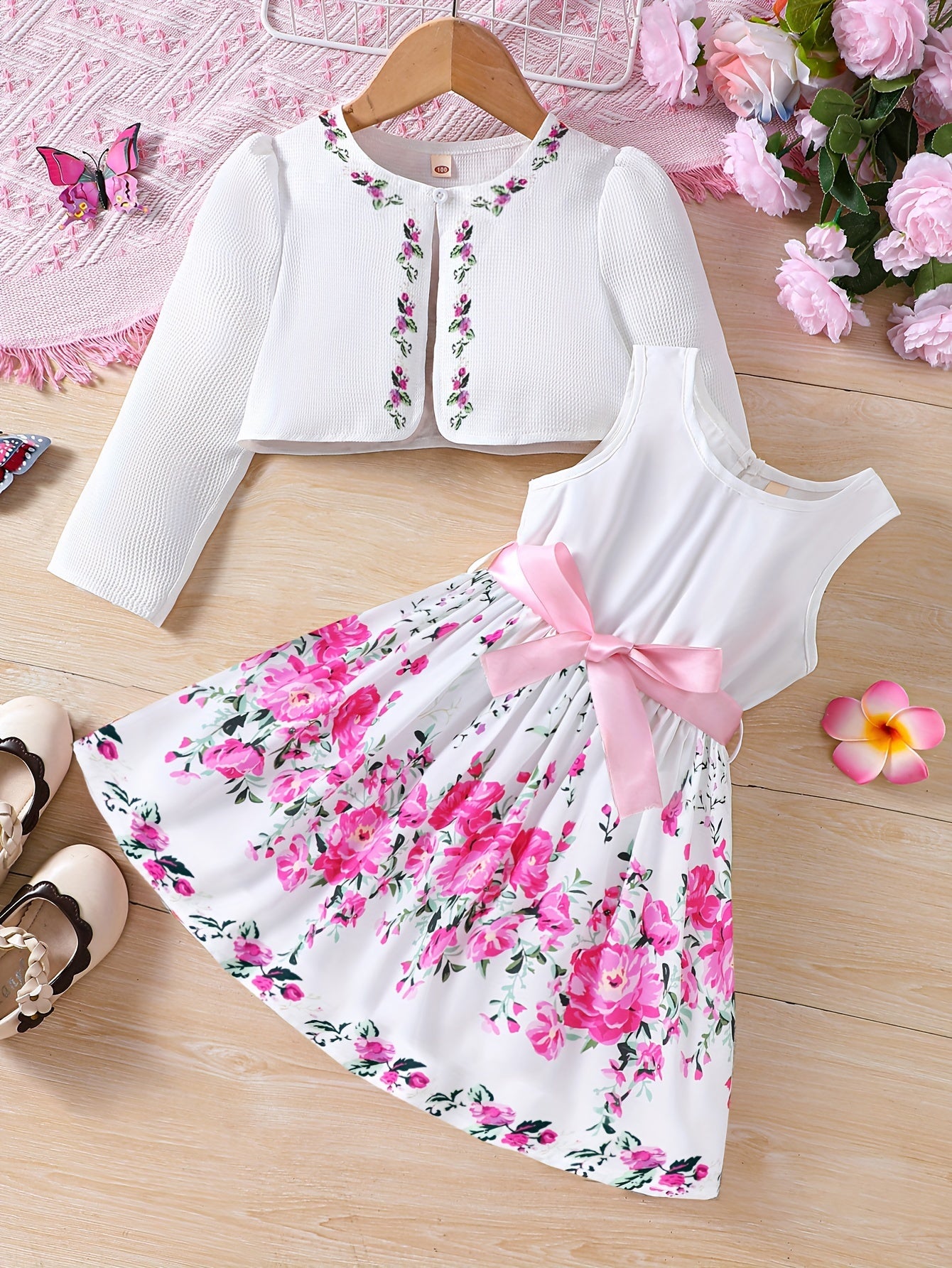 two-piece Sweet & Floral Girl's Two-Piece Summer Outfit: Long Sleeve Cardigan + Sundress Set