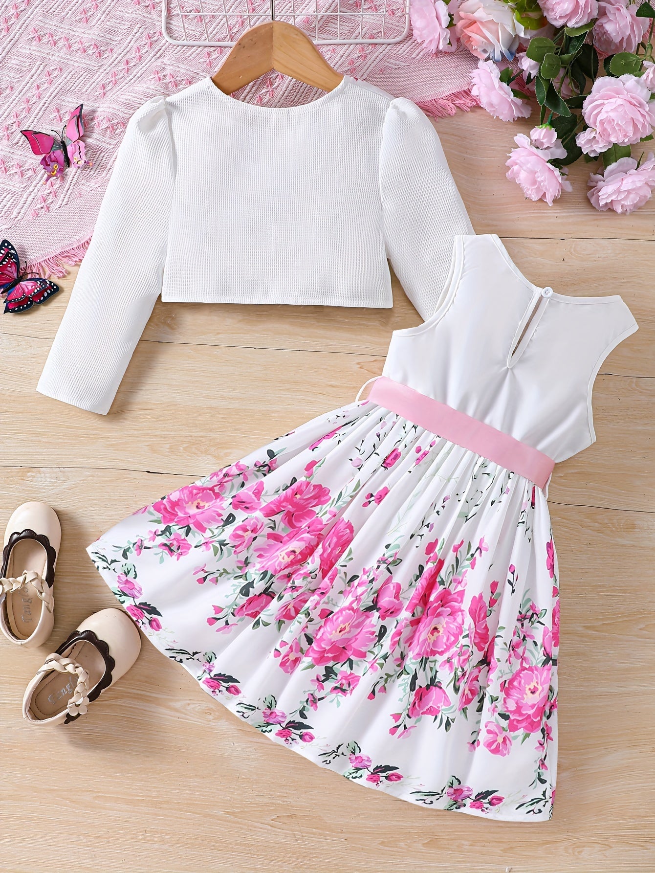 two-piece Sweet & Floral Girl's Two-Piece Summer Outfit: Long Sleeve Cardigan + Sundress Set