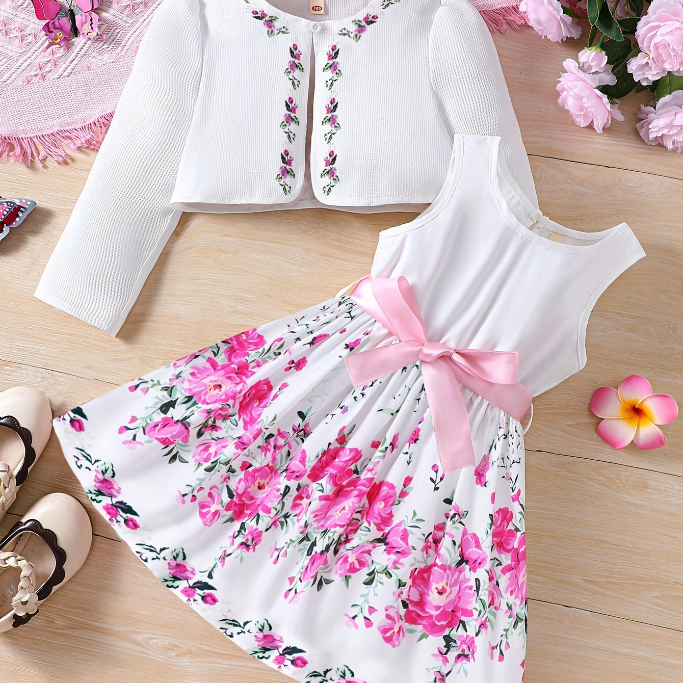 two-piece Sweet & Floral Girl's Two-Piece Summer Outfit: Long Sleeve Cardigan + Sundress Set
