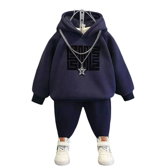 Autumn Winter Kids Clothing Set 100% Cotton Printed Velvet Letter Hoodie Pant Warm Tracksuit for Baby Boys & Toddlers