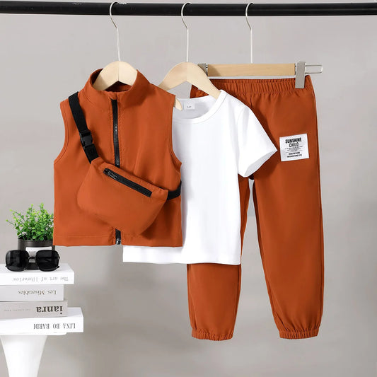 Catpapa Local Warehouse Summer 4pcs High Quality Cotton Canvas Clothing Set for Boys Solid Little Kids Set
