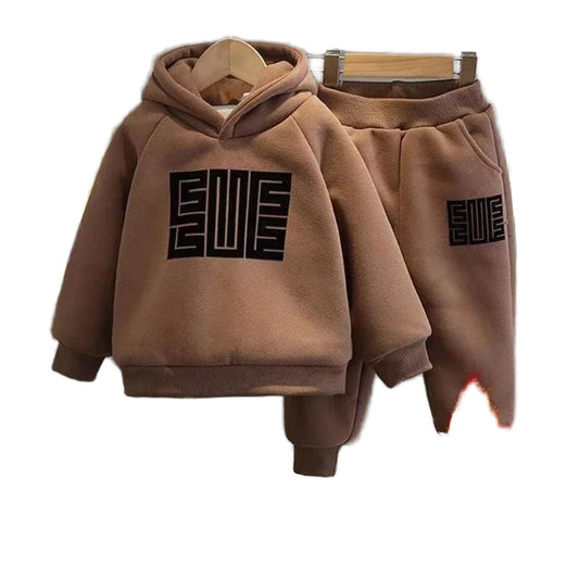 Autumn Winter Kids Clothing Set 100% Cotton Printed Velvet Letter Hoodie Pant Warm Tracksuit for Baby Boys & Toddlers