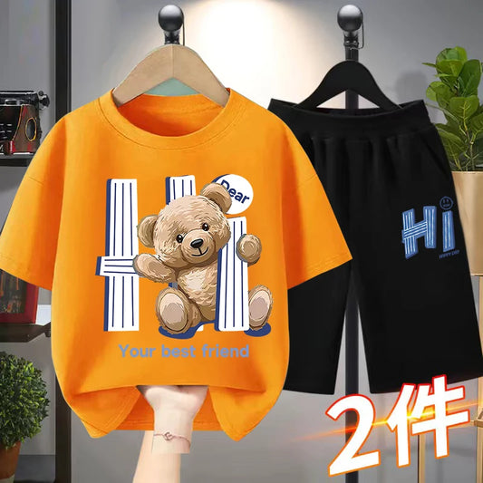 Handsome Boys' Two-Piece Set Versatile Pure Cotton Sports Shorts New Cartoon Lightweight Outerwear for Older Middle-Sized Kids