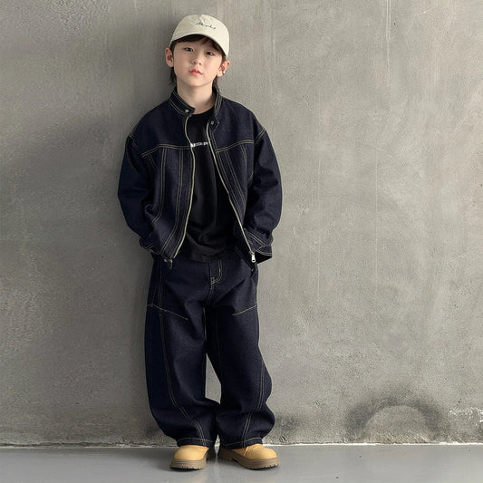 D514  New Spring Autumn Boys' Denim Outfit - Fashionable Cool and Stylish Jacket Set for Big & Middle Kids