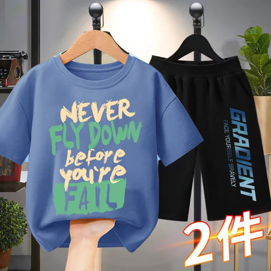 Handsome Boys' Two-Piece Set Versatile Pure Cotton Sports Shorts New Cartoon Lightweight Outerwear for Older Middle-Sized Kids