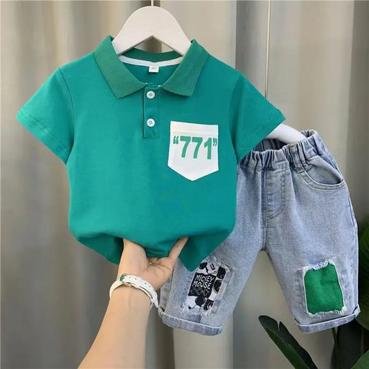 New Boys' Summer Polo Shirt Suit Fashionable Korean Fan Cool Short-sleeved Casual Clothes for Kids Trendy Plaid Pattern