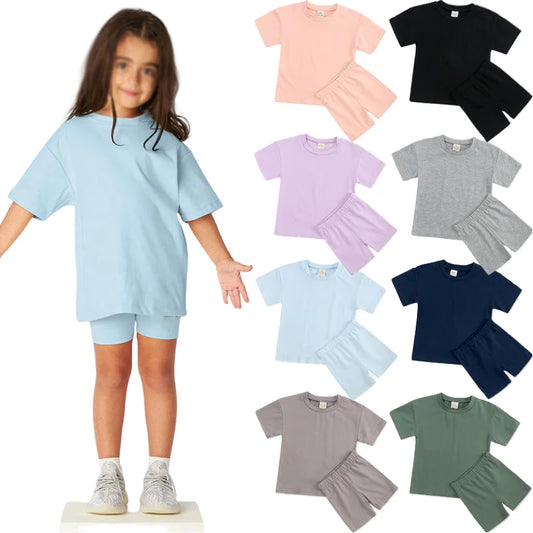 18 Colors Mixed Cotton Girls' Leisure Sports Suit 2025 Spring Summer Short-sleeved T-shirts Children Kids Clothing